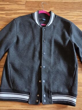 Classic Black Varsity Jacket with Striped Trim